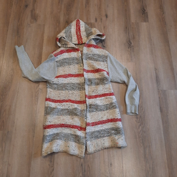 Cardigan Sweater Long Chunky Knit Womens Sz Lg Hooded Pockets Red Gray Cream - Picture 1 of 5